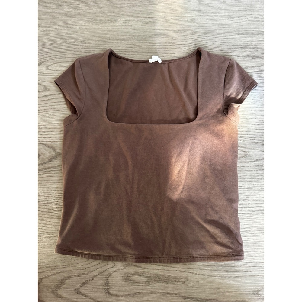 Garage Women Brown Square Neck Short Sleeve Fitted Top Size Medium